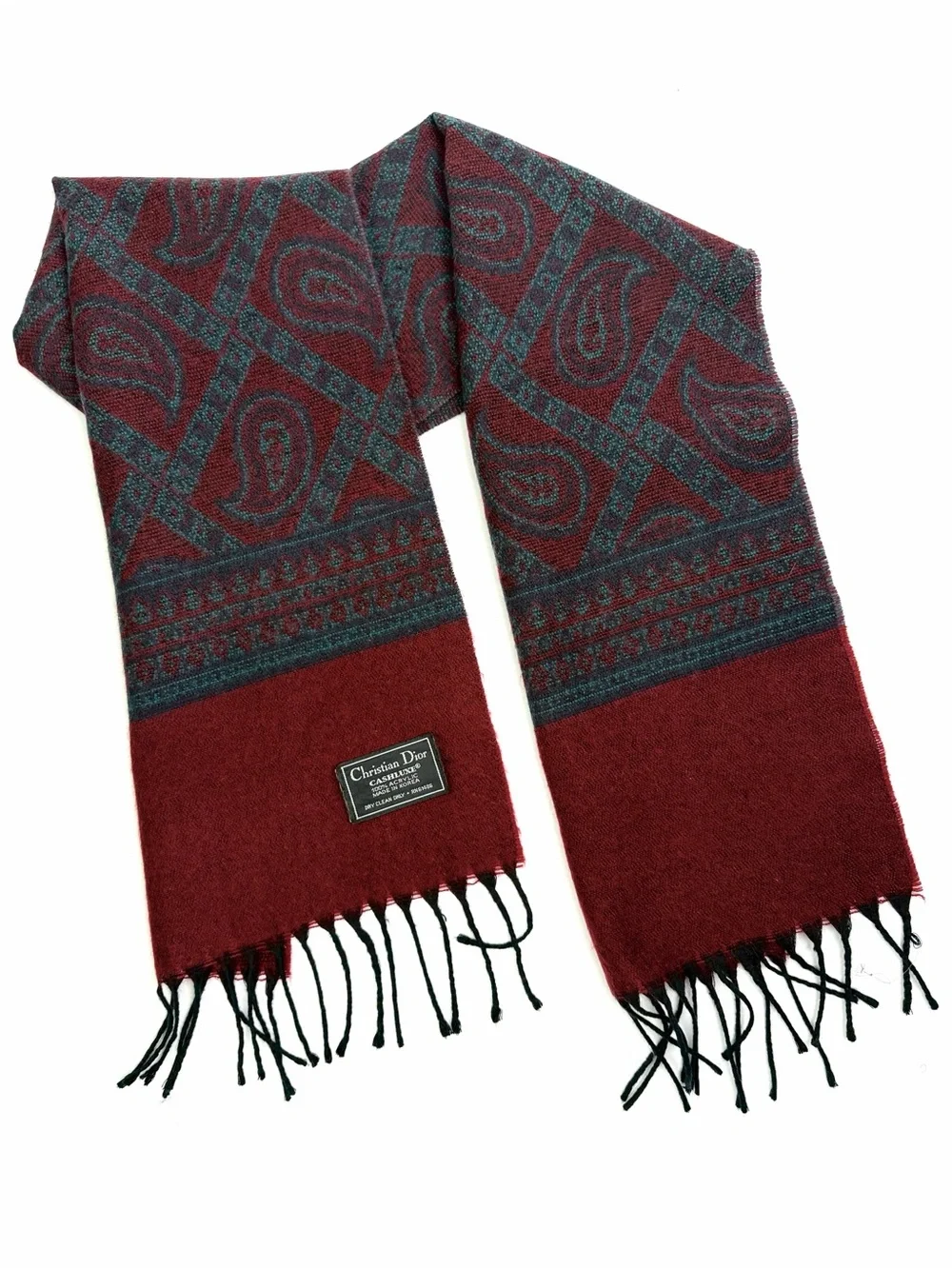 Christian Dior Men's Reversible Scarf 100% Acrylic Maroon Blue Gray Paisley Vtg